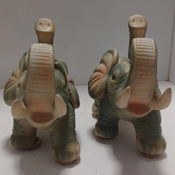 Vintage Pair Of Ceramic Figurine Elephants 10" Textured Trunk Up For Good Luck - Picture 3 of 15